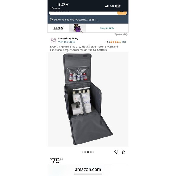 NWT Everything Mary blue grey floral Serger Tote carrier Crafter Sewing - Picture 3 of 7